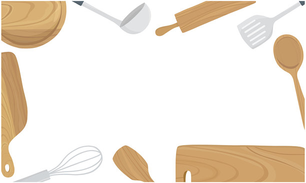 厨房用具的框架。汤勺、打蛋器、铲子、擀面杖、木勺、切菜板。手绘插图矢量图。图片下载