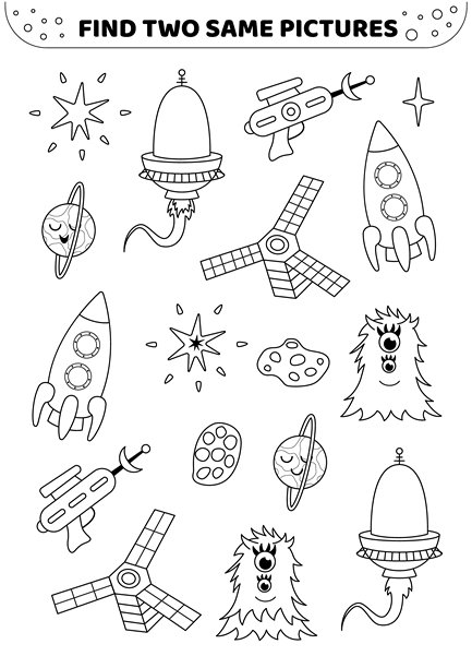 寻找两张相同的图片。飞碟、宇宙飞船、太空。黑白色。儿童游戏。矢量图。图片下载