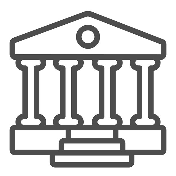 法院线条图标，法律与秩序概念。矢量图形。带有罗马柱和楼梯的银行建筑标志，白色背景上的轮廓风格图标，适用于移动或网页设计。图片下载