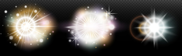 一组带有眩光和光辉的手电筒效果，背景透明。魔幻、彩虹光辉、闪耀的光线、星星、光学光晕，适用于设计、照片合成、新年和节日项目。图片下载