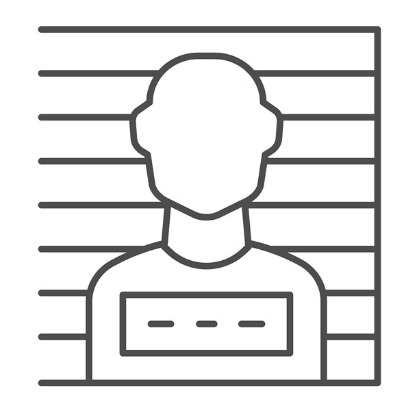 可疑男子的细线图标，执法概念。矢量图形。监狱中的歹徒，白色背景上的面部照片标志，适用于移动或网页设计的轮廓风格图标。图片下载