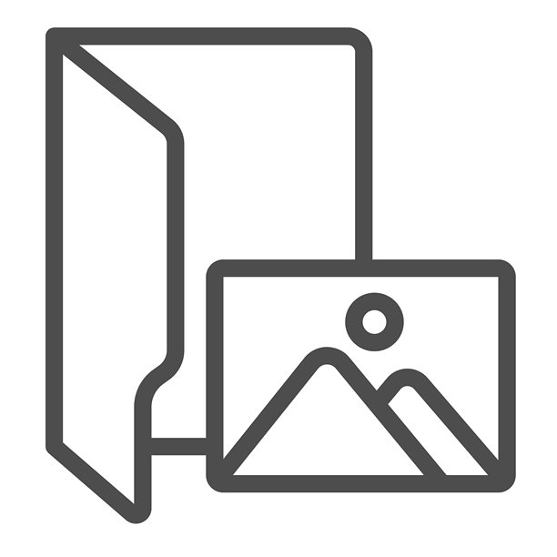 图库文件夹线条图标，Windows包概念。矢量图形。带有图像和图片的文件夹，白色背景上的多媒体标志，适用于移动或网页设计的轮廓风格图标。图片下载