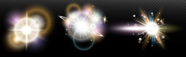 一组带有眩光和光晕的闪光效果，背景透明。魔幻、彩虹光辉、闪耀的光线、星星、光学光晕，适用于设计、照片合成、新年和节日项目。图片下载