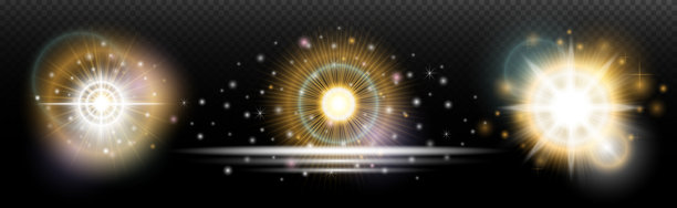 一组带有眩光和光晕的闪光效果，背景透明。魔幻、彩虹光辉、闪耀的光线、星星、光学光晕，适用于设计、照片合成、新年和节日项目。图片下载