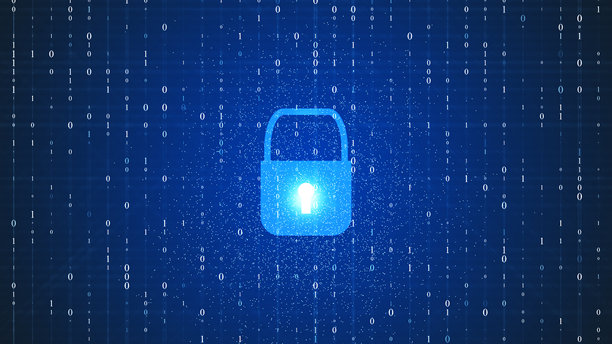 数字数据保护安全图标，二进制代码波浪蓝色背景，4K库存照片图片下载