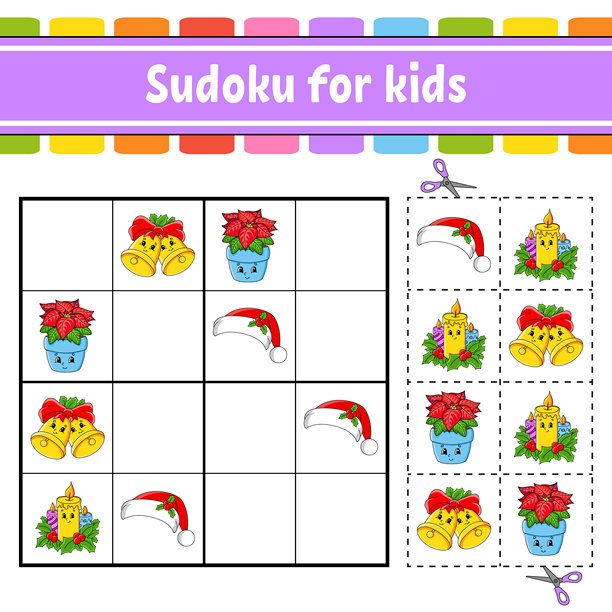 儿童数独。教育发展工作表。带图片的活动页。儿童益智游戏。逻辑思维训练。搞笑角色。矢量插图。图片下载