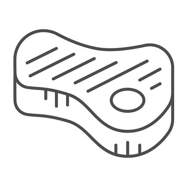 牛肉薄线图标，烹饪概念。矢量图形。煎牛排，带骨肉片的标志，白色背景上的轮廓风格图标，适用于移动或网页设计。图片下载