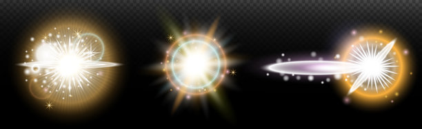 一组带有眩光和光晕的闪光效果，背景透明。魔幻、彩虹光辉、闪耀的光线、星星、光学光晕，适用于设计、照片合成、新年和节日项目。图片下载