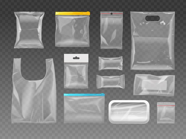 塑料真空包装。透明聚苯乙烯包装，密封聚乙烯包装食品产品品牌的模型，空的透明零食包装袋逼真的精确矢量插图图片下载