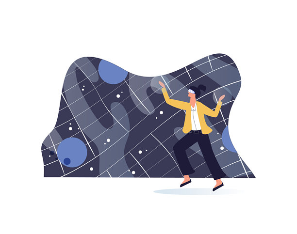 网络空间孤立插图。虚拟现实技术、游戏和教育。女性在扁平设计中收集场景。图片下载