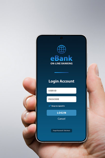 手握安卓手机，显示现代电子银行应用设计的登录页面图片下载