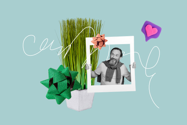 时尚杂志的拼贴照片，展示了一位兴奋的男士在社交媒体上查看带有心形图标的反馈，旁边有花盆、草地、蝴蝶结和礼物，营造节日气氛。图片下载