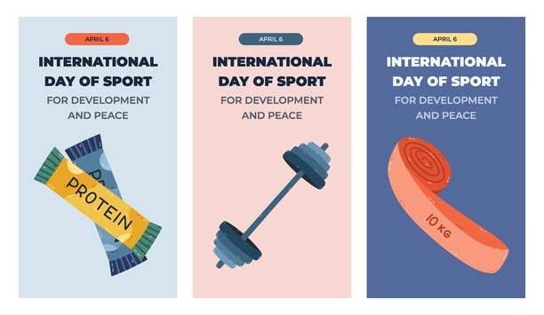 国际体育发展与和平日的垂直时尚故事集，包含拉伸和健美的剪贴画。适合社交媒体的节日海报，展示蛋白质棒、杠铃和普拉提带。图片下载