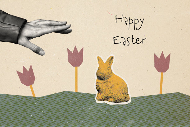复合照片拼贴，手想触摸修剪成兔子形状的灌木园艺装饰，复活节和逾越节，孤立在涂漆背景上。图片下载