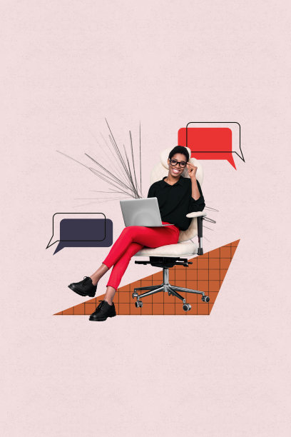 快乐的美国女孩坐在椅子上，手持笔记本电脑，周围有聊天框图标，进行交流的竖版照片拼贴艺术作品图片下载