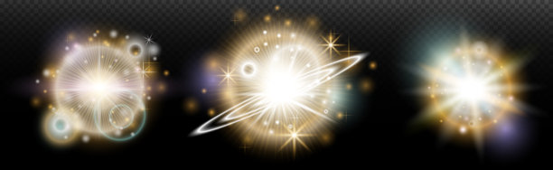 一组带有眩光和光辉的闪光效果，背景透明。魔幻、彩虹光辉、闪耀的光线、星星、光学光晕，适用于设计、照片合成、新年和节日项目。图片下载