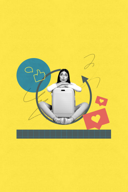 独特的垂直照片拼贴，展示快乐女孩收到心形图标的博客反应，受欢迎的反馈，站在行李箱旁边旅行。图片下载