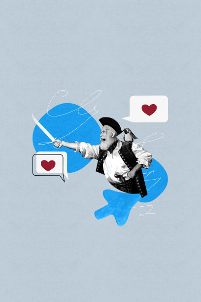 愤怒的老人在穿着海盗服装的竖版照片拼贴中，手握鹦鹉，心形图标，适合情人节的博客影响者。图片下载