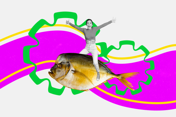 趋势艺术作品复合横幅照片拼贴，超现实主义画面，年轻女性坐在大型鱼类动物上，兴奋的情感，自然背景留白。图片下载