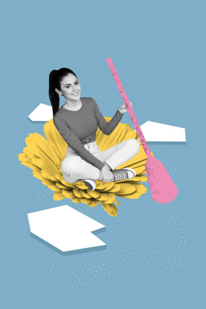 快乐女孩坐在船上，手持桨，周围是大丽花的艺术照片竖版海报拼贴，春季融化的雪与自然河流。图片下载