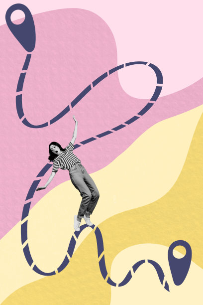 年轻女士在平衡的道路地图上，构成的3D照片拼贴，代表海外旅行、全球代理、周末旅游的出发。图片下载