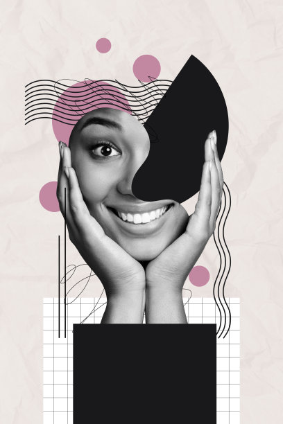 海报趋势草图模板 3D 照片拼贴，年轻女性微笑露齿，非洲裔，手托面部，碎片线条圆形肖像图片下载