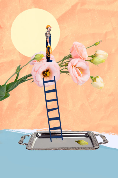 艺术图像，垂直照片拼贴，严肃的修理工站在梯子上，手持电缆，托盘上盛开着洋桔梗花，庆祝三月假日。图片下载