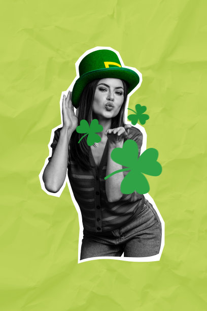 年轻漂亮女孩在涂鸦背景下发送空气吻，佩戴圣帕特里克节的三叶草帽的竖版3D照片拼贴。图片下载