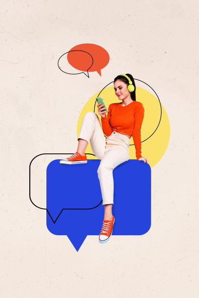 快乐女孩坐着，手持手机，戴着耳机，享受音乐，旁边有聊天通知气泡的竖版照片拼贴。图片下载