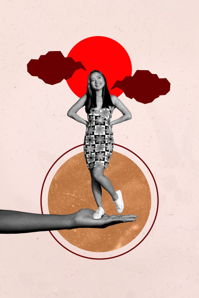 独特的垂直照片拼贴，展示快乐的中国女孩站在手掌上，手中持有日本装饰品，体现东方式的传统概念。图片下载