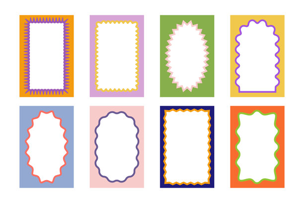 一套带有拱形、矩形和椭圆形内波浪边缘的贺卡模板。色彩丰富的图片或照片小插图，内部有波浪形边框。空白框、标签或标签。矢量插图图片下载