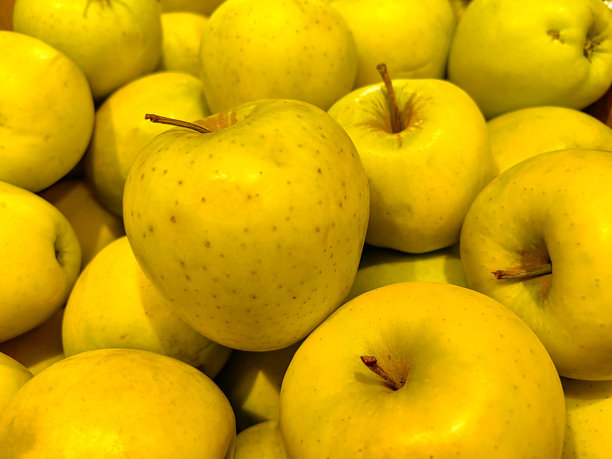 成熟的新鲜黄苹果特写，带有斑点。新鲜水果和蔬菜。合理营养，维生素和微量元素。水果富含铁。食品。俄罗斯。下诺夫哥罗德。2024年7月。照片。图片下载