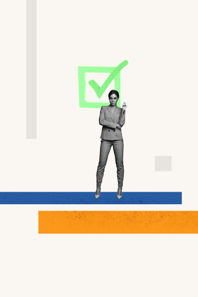 严肃的女商人穿着正式西装的独特垂直照片拼贴，带有勾选批准符号确认雇佣标志图片下载