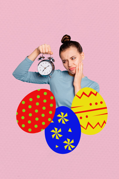 假日春季宗教基督教节日的海报素描图像艺术照片拼贴，年轻女士困惑地拿着时钟和装饰彩蛋。图片下载