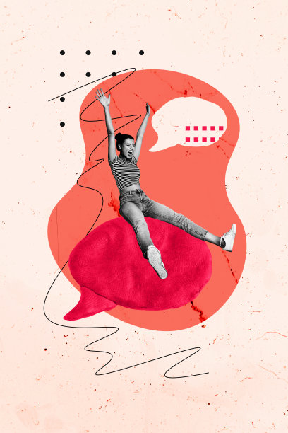 独特的垂直照片拼贴，展示快乐女孩坐着，气泡聊天通知图标，沟通、对话、消息云。图片下载