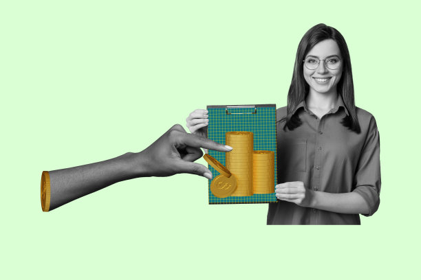 年轻女士微笑着手持夹板，展示钱币和收入的复合3D照片拼贴设计趋势，招聘办公室经理的空缺。图片下载