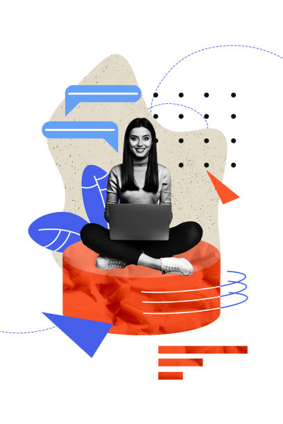 独特的垂直照片拼贴，快乐的自由职业女性手持笔记本电脑，收到气泡通知短信网页。图片下载