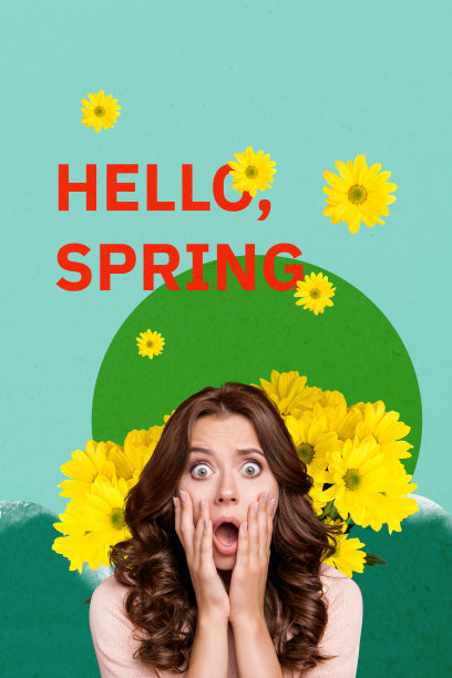 震惊的女孩捂脸的艺术图像，春天问候，菊花盛开的竖版照片拼贴图片下载