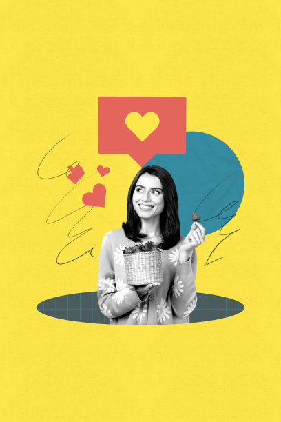 快乐女孩手持草莓篮子的3D艺术素描照片拼贴，心形图标，博主反馈反应，社交网络图片下载