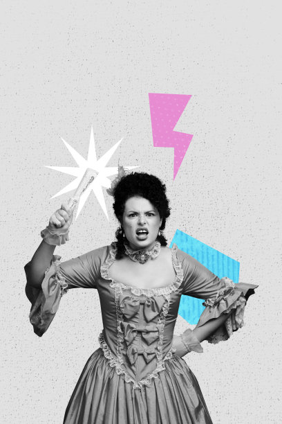 愤怒的公爵女孩穿着裙子，手持扇子，复兴时期的古老风格嘉年华的竖版照片拼贴艺术图像图片下载