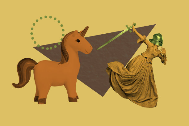 复合素描设计 3D 照片拼贴，独角兽玩具，年轻女士，贵族风格配饰，复古时尚，跑步时佩戴头盔，手持剑。图片下载