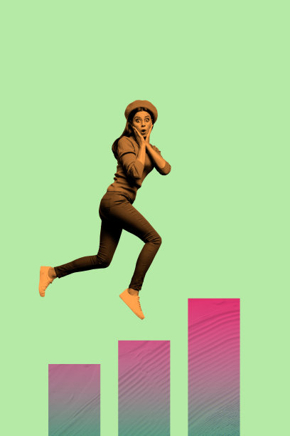 独特的垂直照片拼贴，展示震惊的女商人、运行图表、统计数据发展、携带笔记本电脑、目标成就图片下载