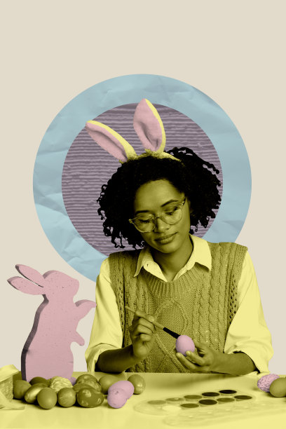 年轻女士的肖像复合艺术3D照片拼贴模板，装饰复活节彩蛋，家庭春季庆祝节日。图片下载