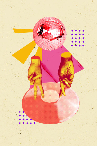 复合趋势艺术作品 3D 草图图像 照片拼贴 两只手倒立 两根手指舞蹈 有趣的黑胶唱片 巨大的音乐碟 迪斯科球图片下载