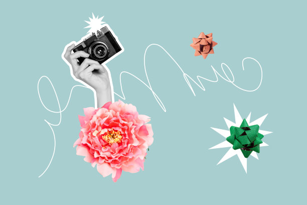 当代艺术拼贴，手持复古相机拍摄设备，闪光灯与牡丹花盛开，呈现春季照片集图片下载