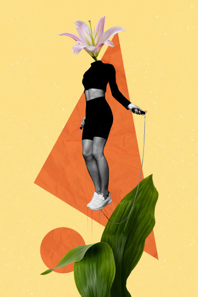 趋势艺术素描图像 3D 照片拼贴，年轻无头女性运动员跳绳，活力四射的花朵代替头部，春季季节。图片下载