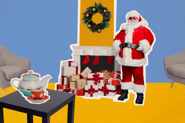 独特的杂志图片素描拼贴，展示微笑的时尚圣诞老人送新年礼物，背景创意独特。图片下载