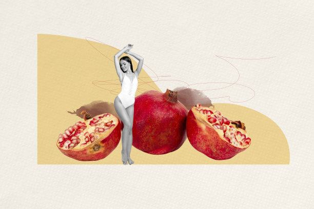 快乐女孩在夏季泳池派对上跳舞的拼贴照片，石榴水果排毒营养种子，背景为涂鸦风格。图片下载