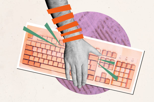 3D照片拼贴模板趋势艺术作品，展示身体语言，手指手势，握住键盘，互联网自由职业者，虚拟笔记本电脑冲浪图片下载