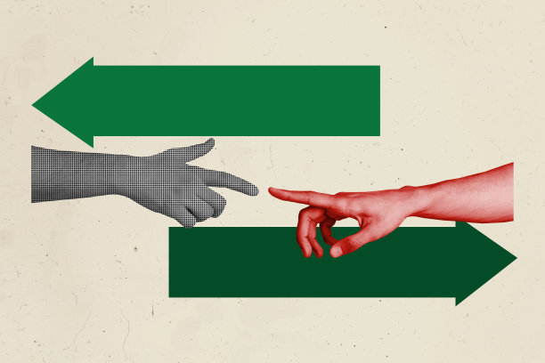 箭头指向不同方向的手指触碰标志的草图设计趋势艺术海报照片拼贴，展示手势的身体语言。图片下载